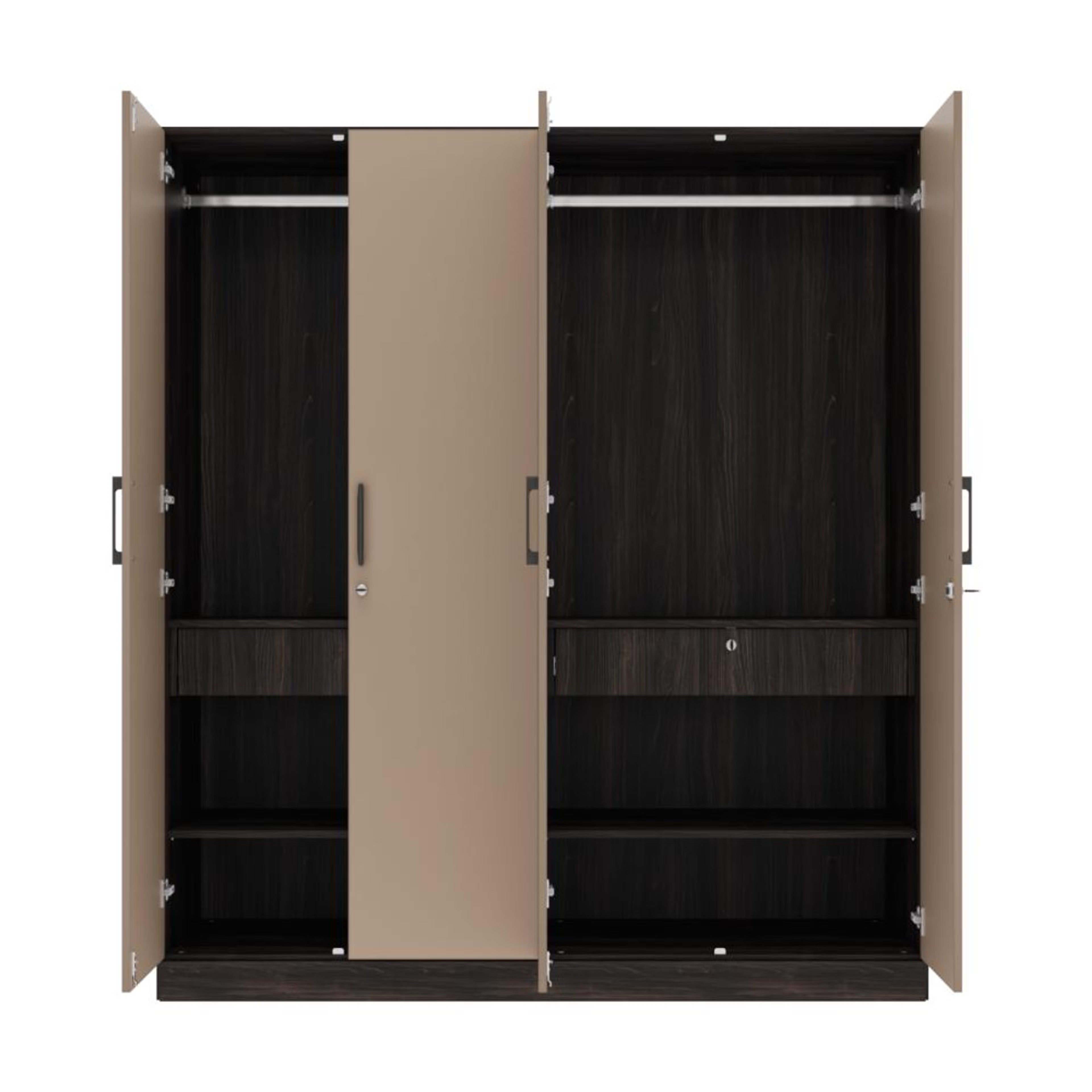 Cashmere Plus 4 Door Wardrobe with 4 Shelves, 2 Drawers, Mirror & 2 Hanging Areas (Wyoming Maple & Frappe)