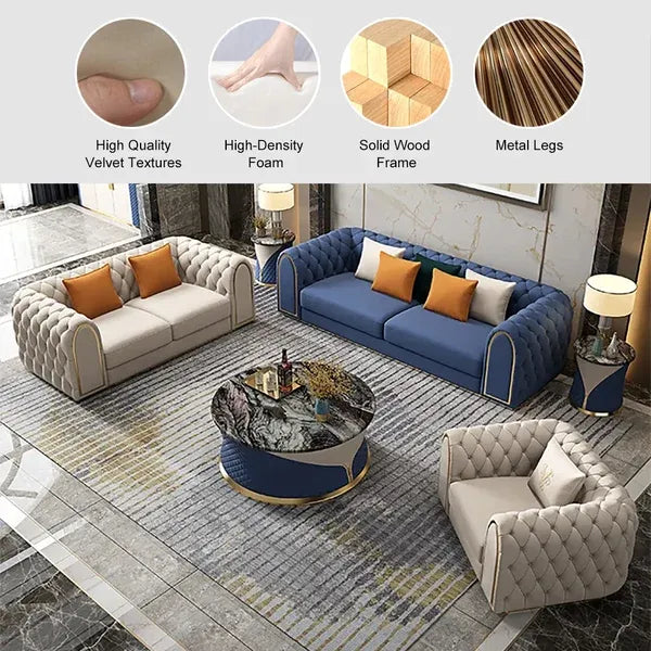 Arzo Modern Luxury Velvet Chesterfield Sofa Set