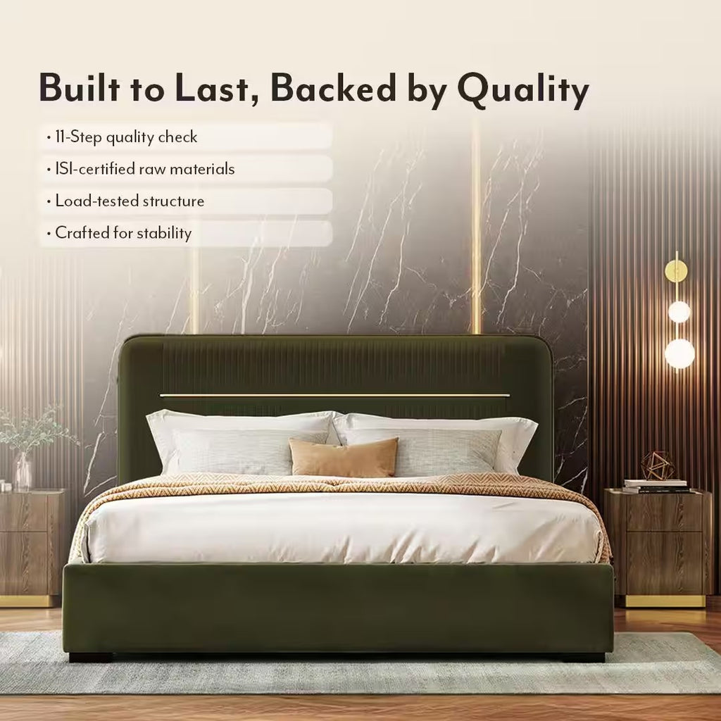 Milan Upholstered Hydraulic Storage Queen Size Bed In Deep Olive Velvet