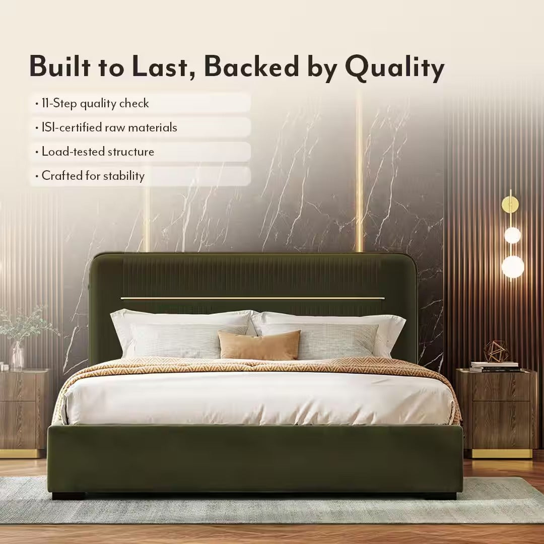 Milan Upholstered Hydraulic Storage Queen Size Bed In Deep Olive Velvet