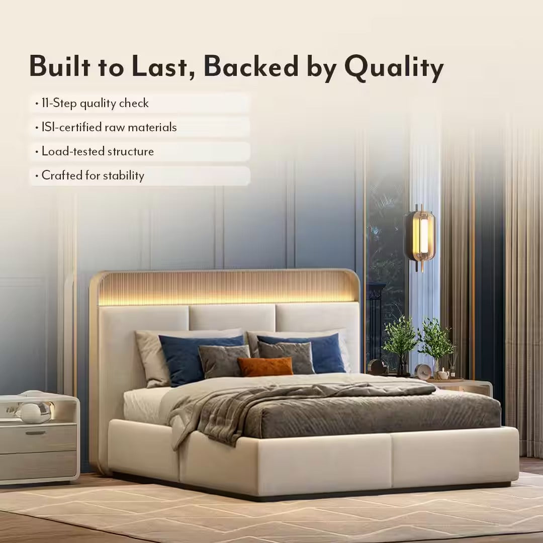Valeria Engineered Wood Queen Size Bed with Hydraulic Storage Bed in Beige Finish