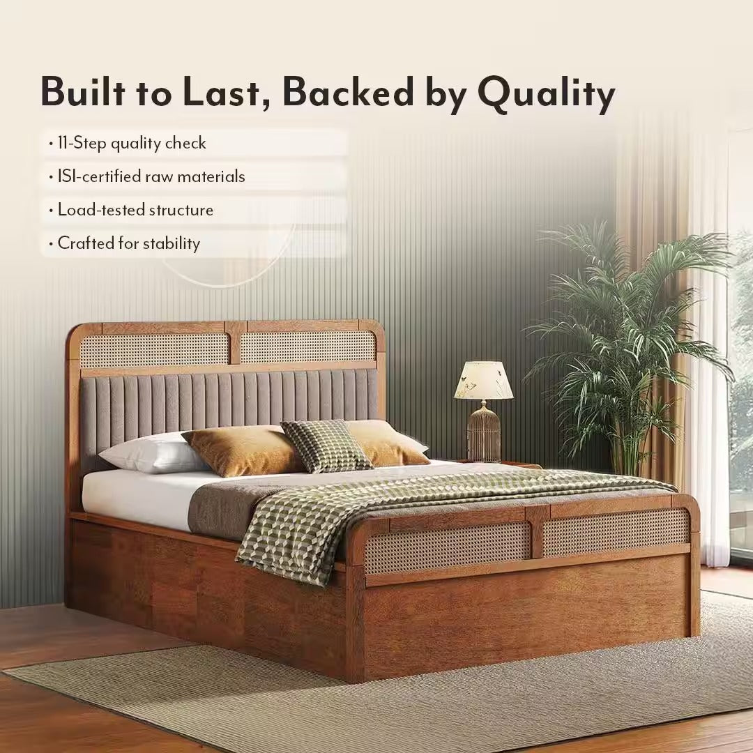 Hanoi Solid Wood Cane Queen Size Non Storage Bed In Amber Walnut Finish with Shitake Beige Colour