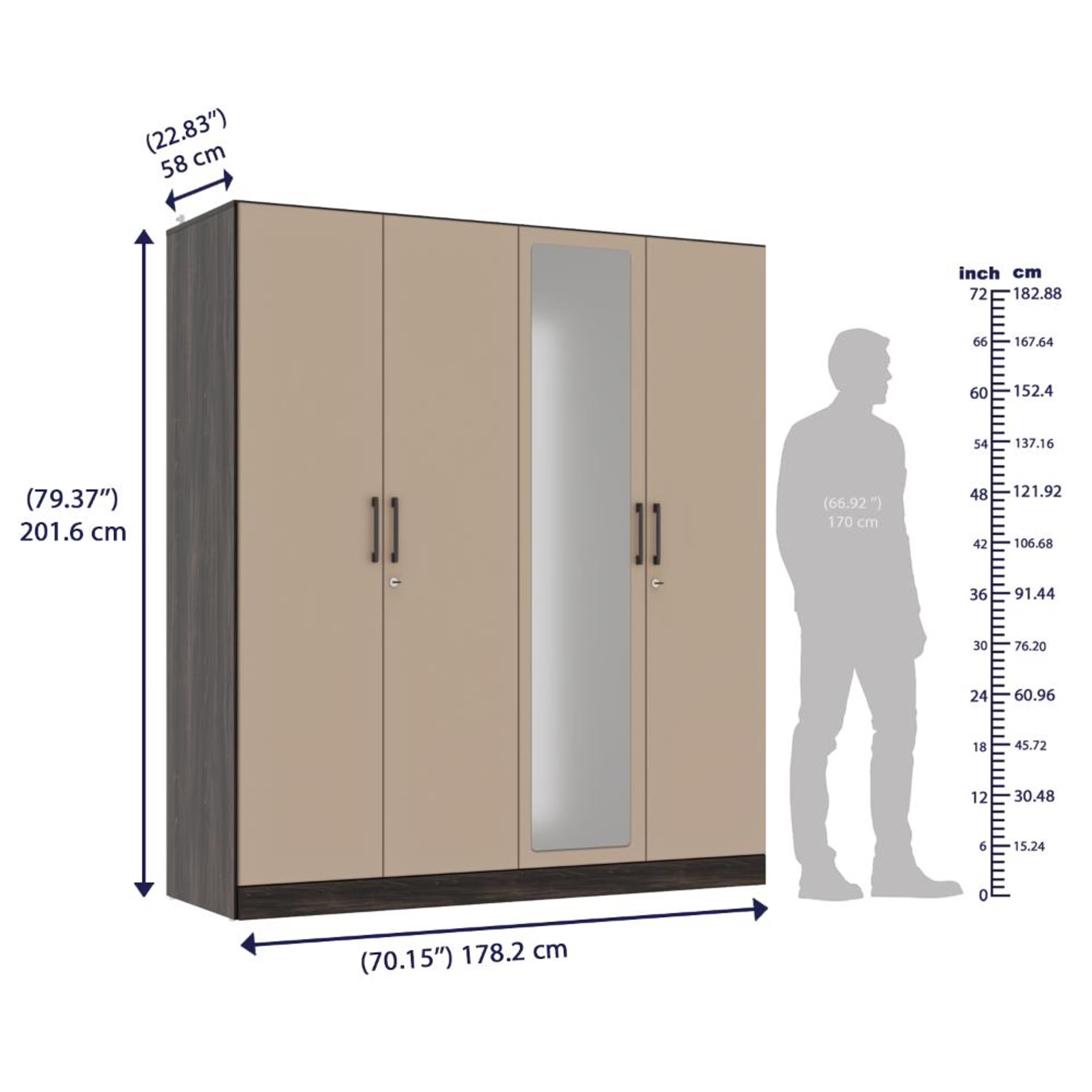 Cashmere Plus 4 Door Wardrobe with 4 Shelves, 2 Drawers, Mirror & 2 Hanging Areas (Wyoming Maple & Frappe)