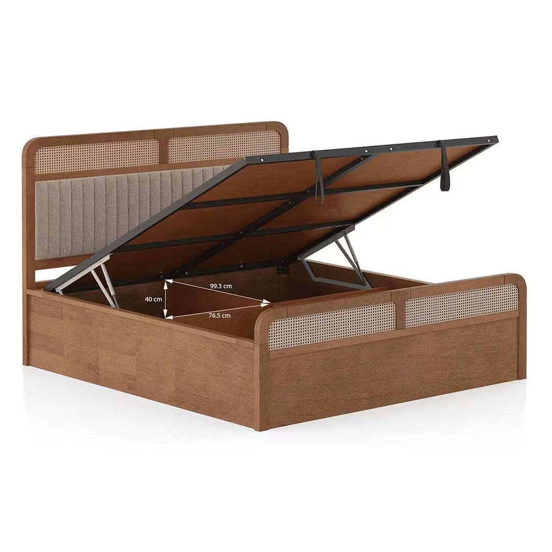 Hanoi Solid Wood Cane Queen Size Non Storage Bed In Amber Walnut Finish with Shitake Beige Colour