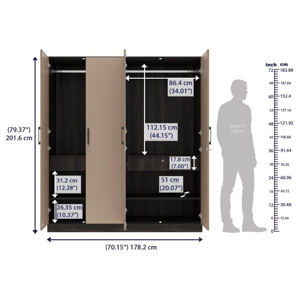Cashmere Plus 4 Door Wardrobe with 4 Shelves, 2 Drawers, Mirror & 2 Hanging Areas (Wyoming Maple & Frappe)