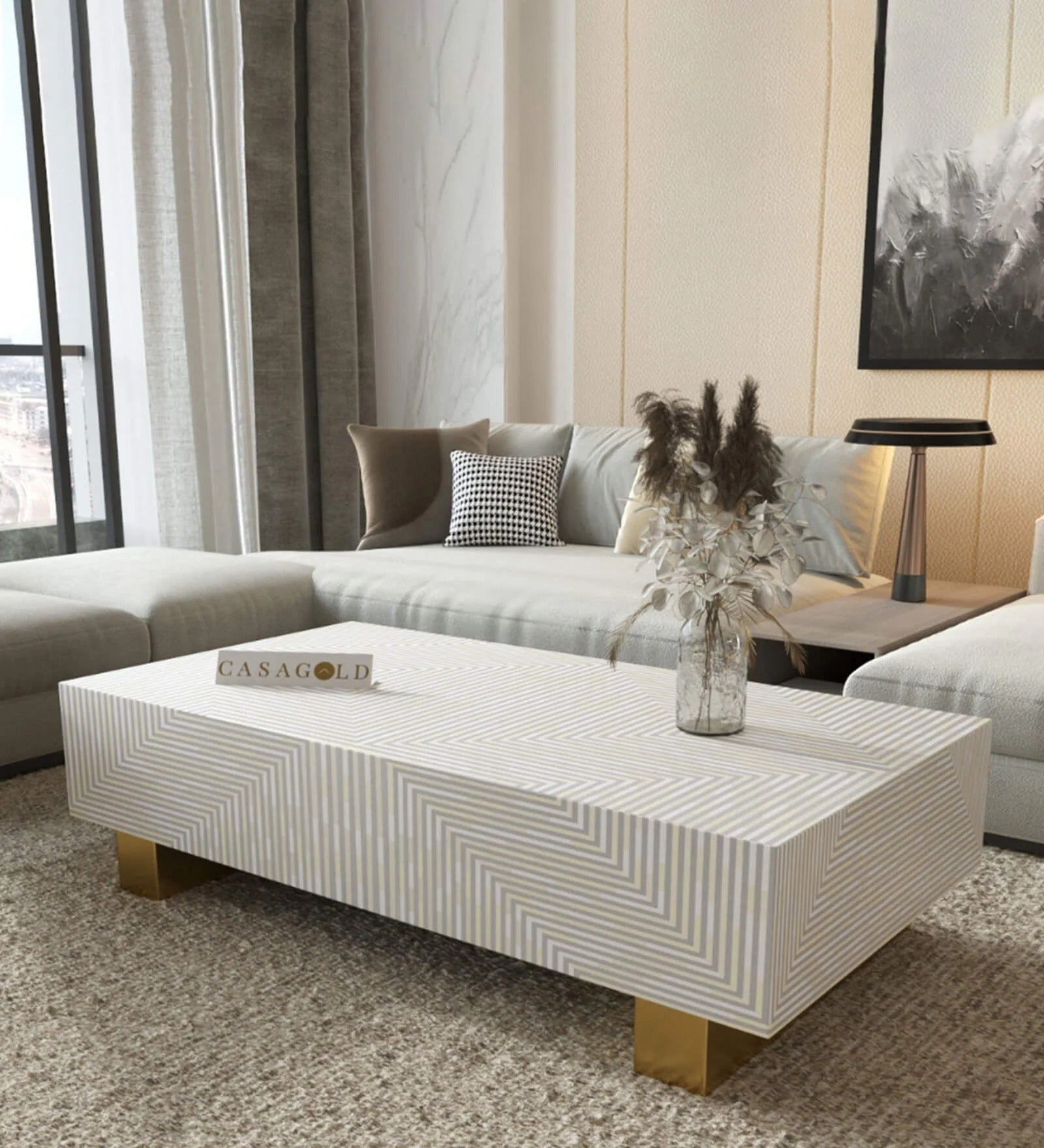 Striped Bone Inlay Coffee Table In Light Grey Colour