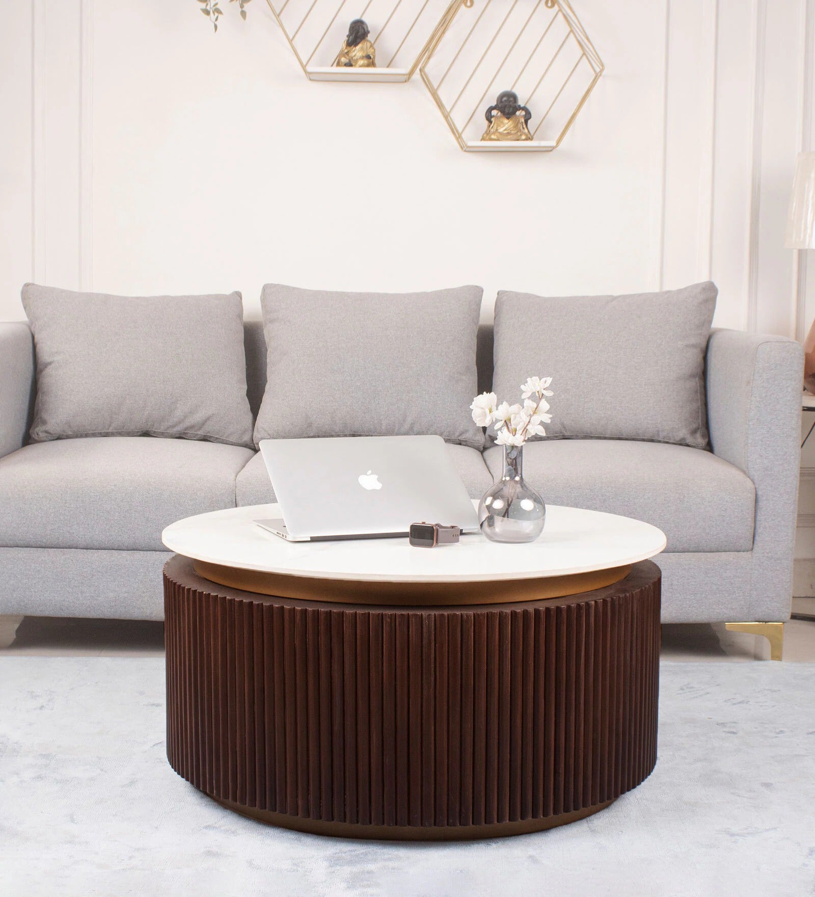 Roswell Wood Coffee Table in Dark Walnut Finish With Marble Top