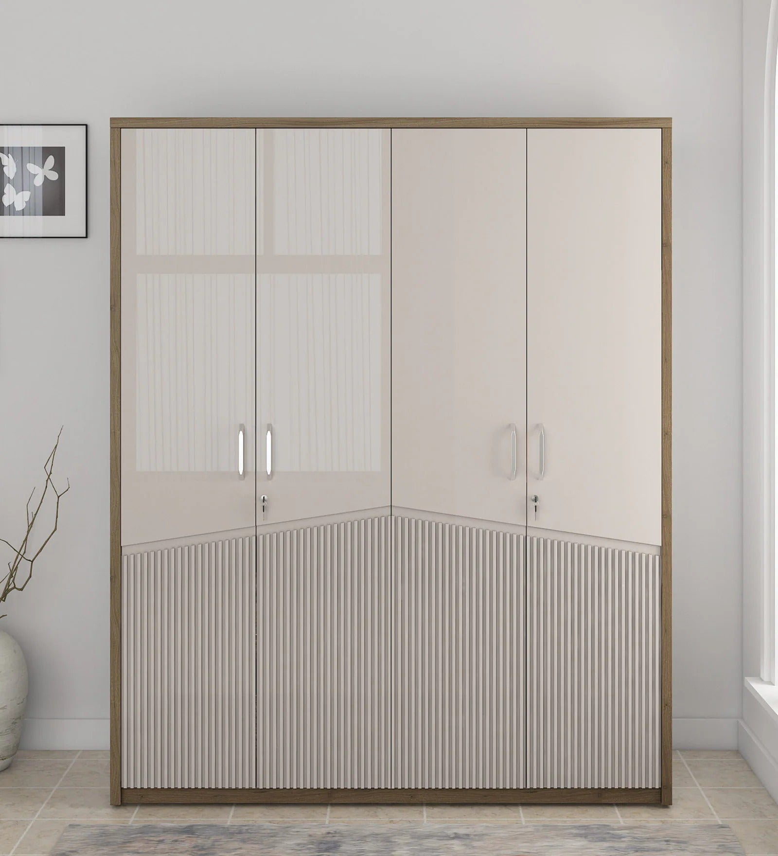 Kosmo Nora 4 Door Wardrobe In Lyon Walnut Finish With Drawer & Locker