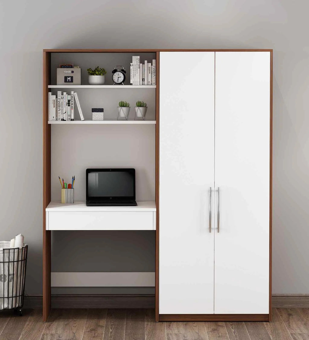 Crest Hutch Desk Cum Wardrobe In Walnut & Frosty White Finish