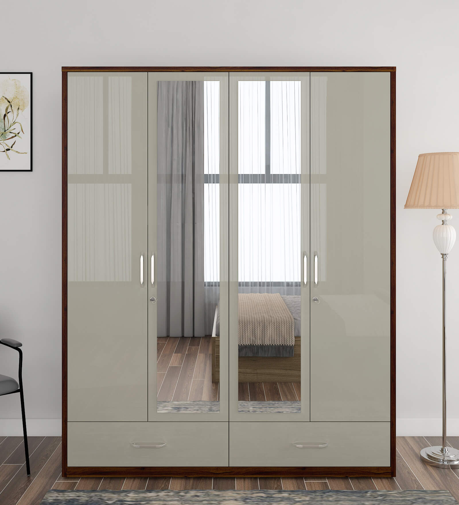 Kosmo Pristine 4 Door Wardrobe With Mirror In Lyon Walnut & Hg Cashmere Finish With Drawer & Locker