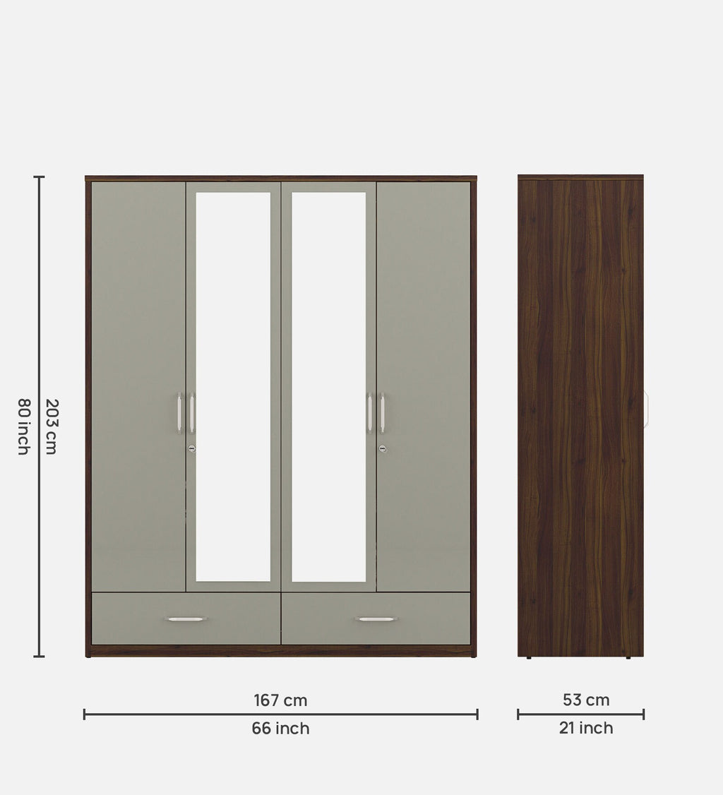 Kosmo Pristine 4 Door Wardrobe With Mirror In Lyon Walnut & Hg Cashmere Finish With Drawer & Locker