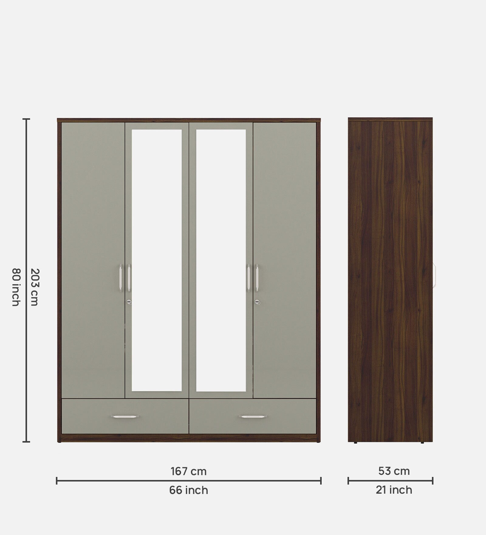 Kosmo Pristine 4 Door Wardrobe With Mirror In Lyon Walnut & Hg Cashmere Finish With Drawer & Locker