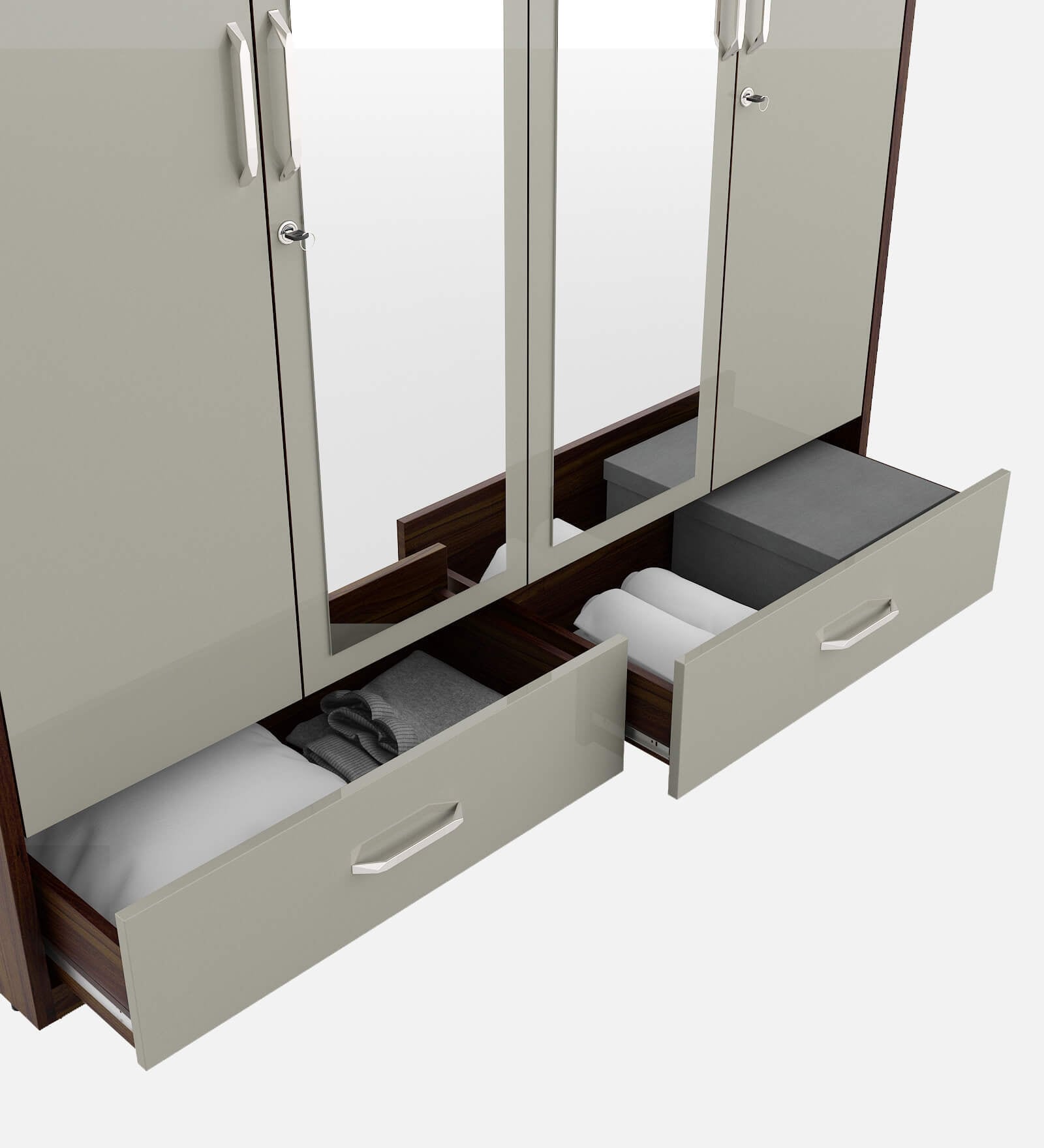 Kosmo Pristine 4 Door Wardrobe With Mirror In Lyon Walnut & Hg Cashmere Finish With Drawer & Locker
