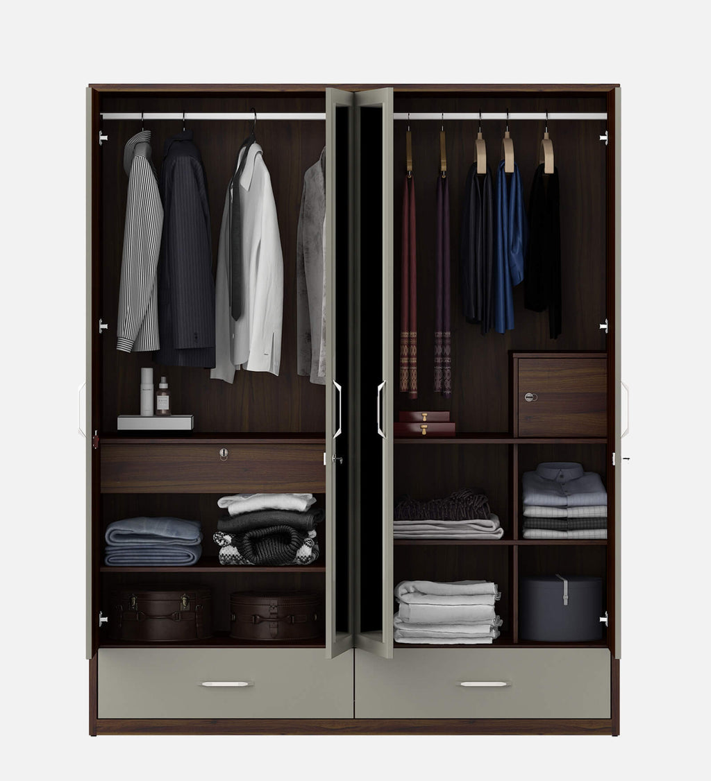 Kosmo Pristine 4 Door Wardrobe With Mirror In Lyon Walnut & Hg Cashmere Finish With Drawer & Locker