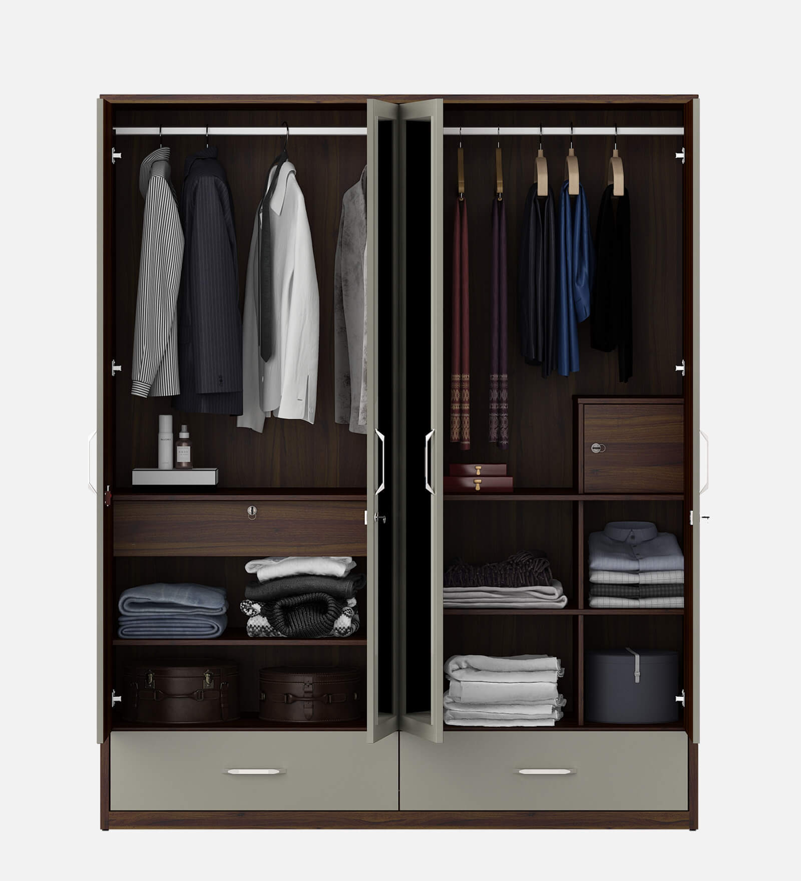 Kosmo Pristine 4 Door Wardrobe With Mirror In Lyon Walnut & Hg Cashmere Finish With Drawer & Locker