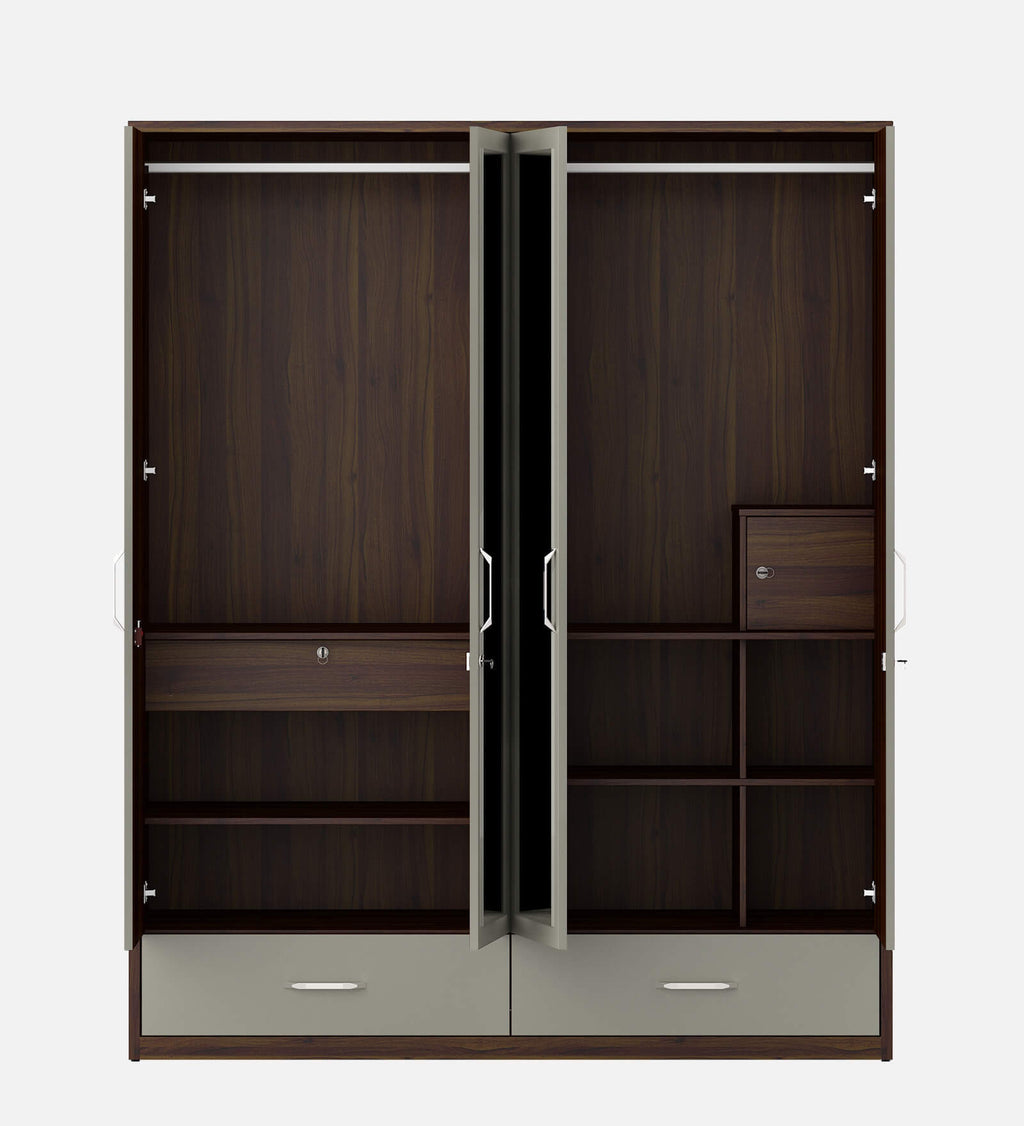 Kosmo Pristine 4 Door Wardrobe With Mirror In Lyon Walnut & Hg Cashmere Finish With Drawer & Locker