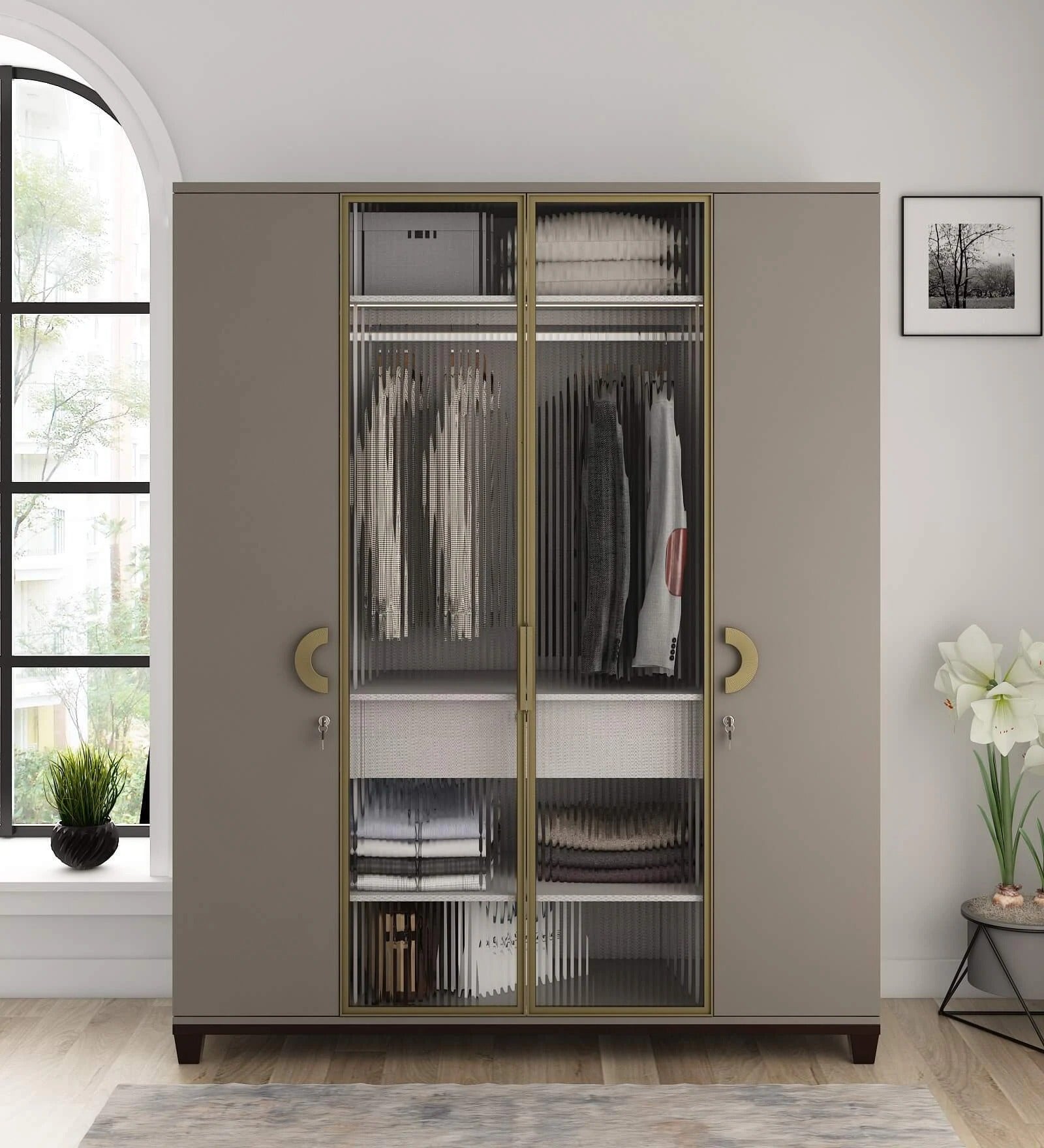 Kosmo Morgan 4 Door Wardrobe In Sahara Beige Matte Finish With Drawer & Locker