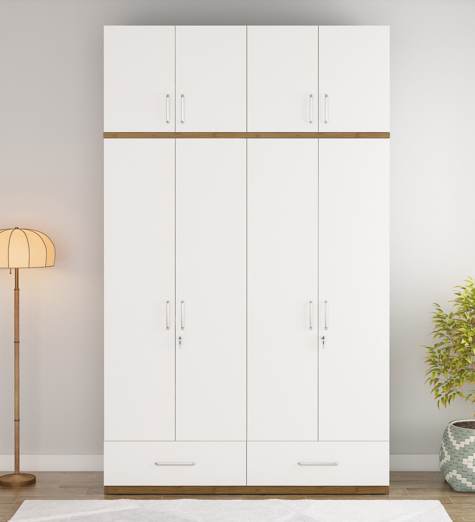 Kosmo Apex 4 Door Wardrobe With Loft In Frosty White Finish With Locker & Drawer
