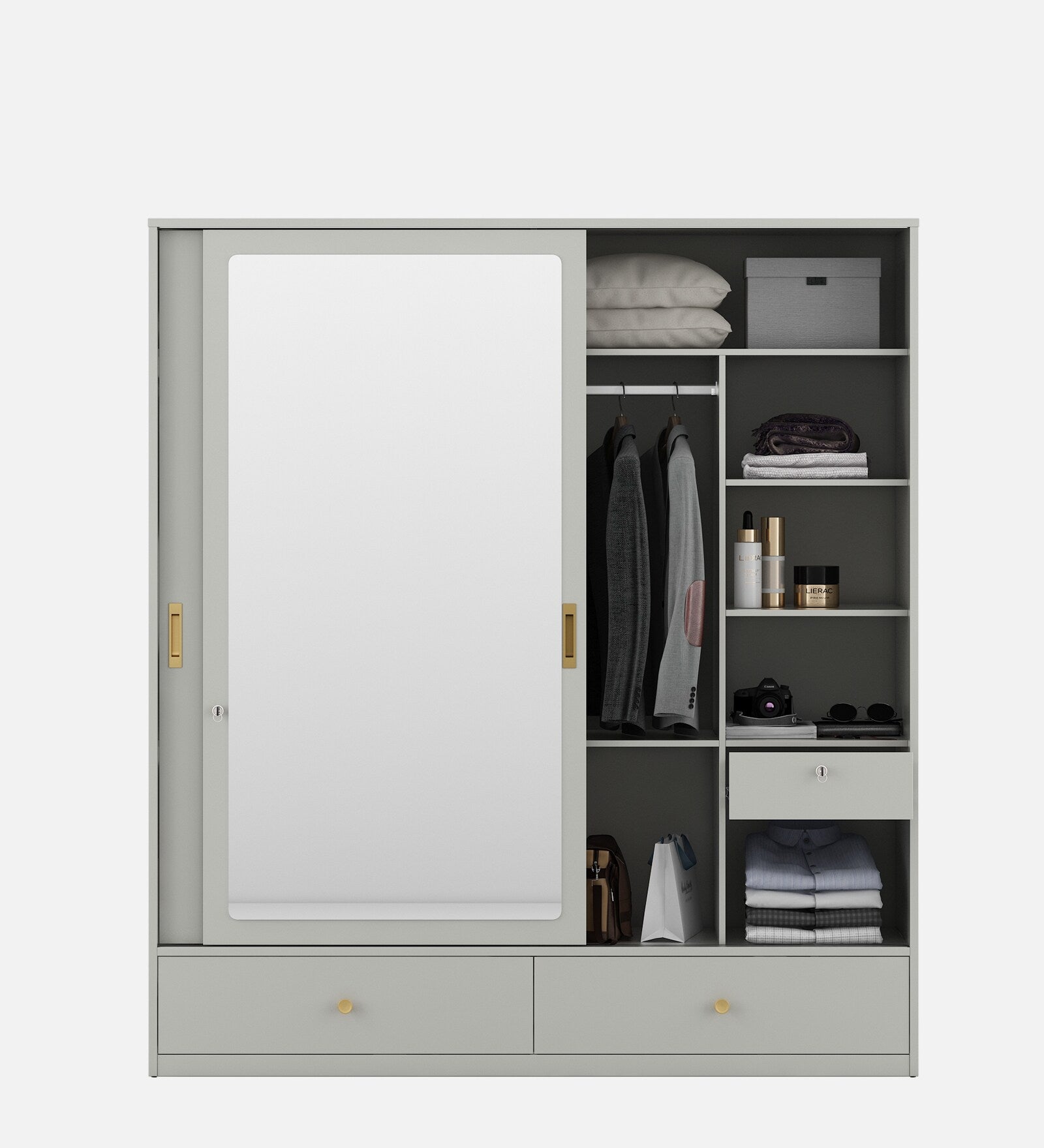 Casada 2 Door Sliding Wardrobe With Mirror & Drawer In Pumic Grey Finish