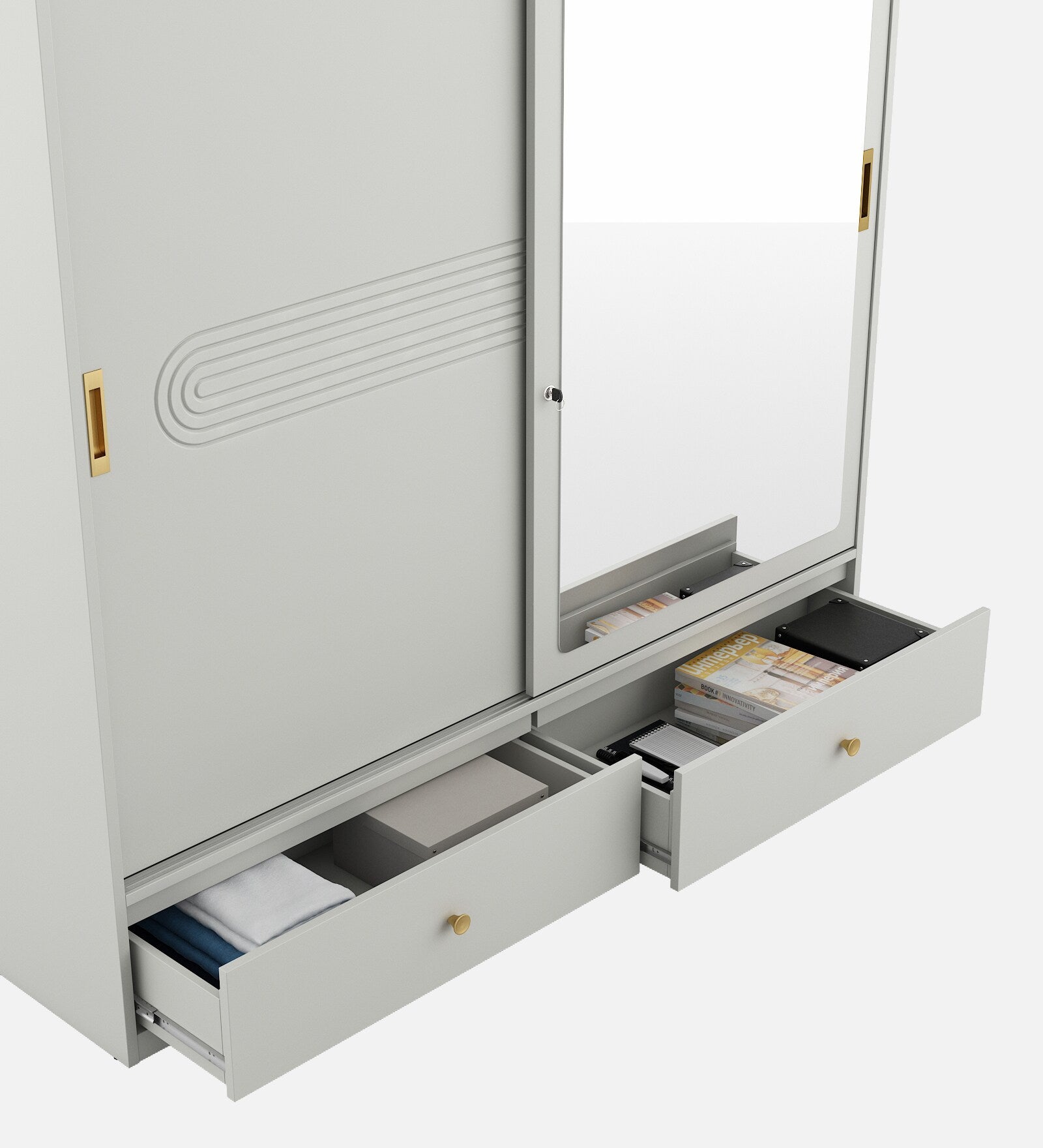 Casada 2 Door Sliding Wardrobe With Mirror & Drawer In Pumic Grey Finish