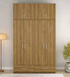 Kosmo Linden Solid Wood 4 Door Wardrobe With Loft In Natural Teak Finish With Locker & Drawer