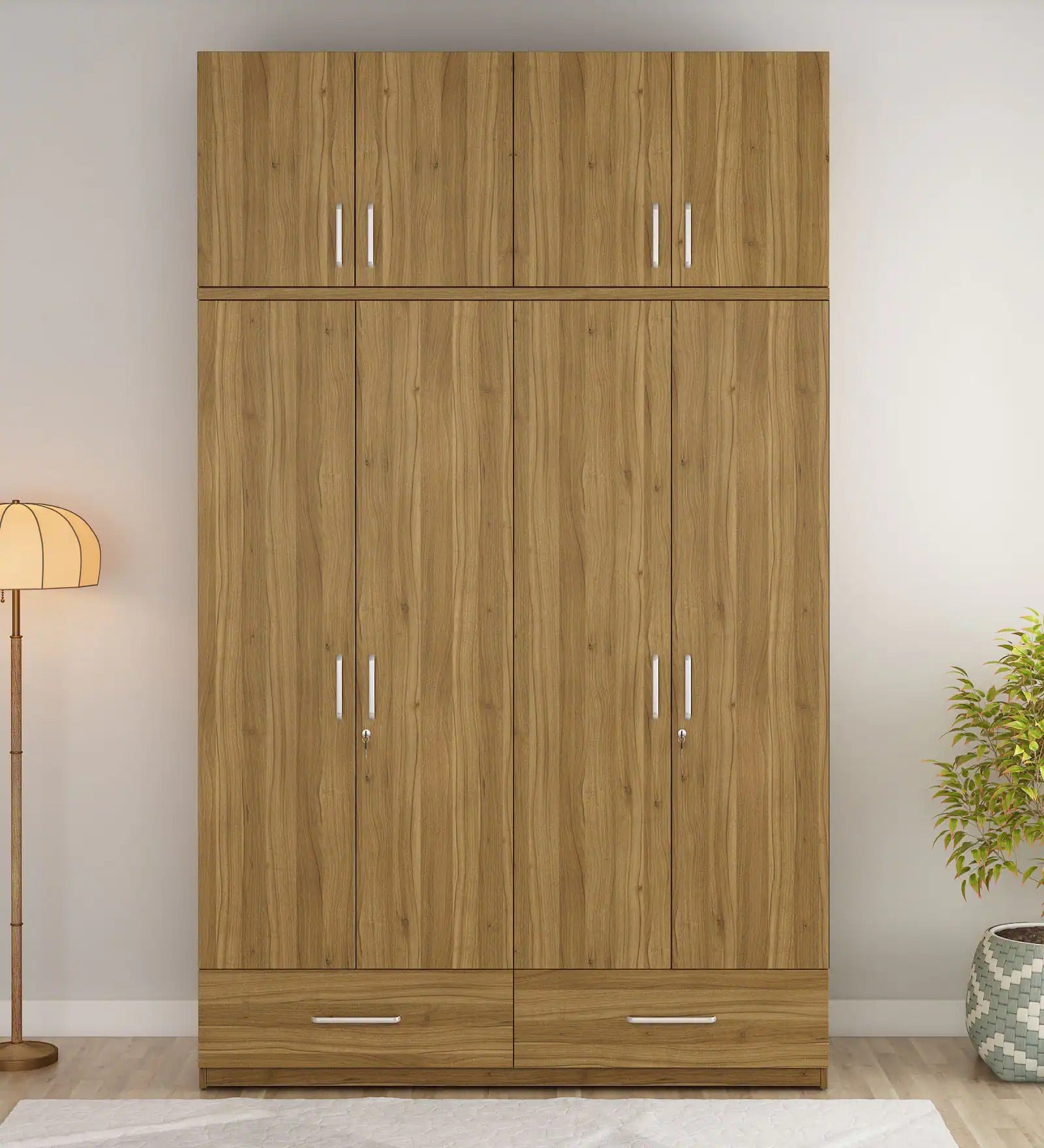 Kosmo Linden Solid Wood 4 Door Wardrobe With Loft In Natural Teak Finish With Locker & Drawer