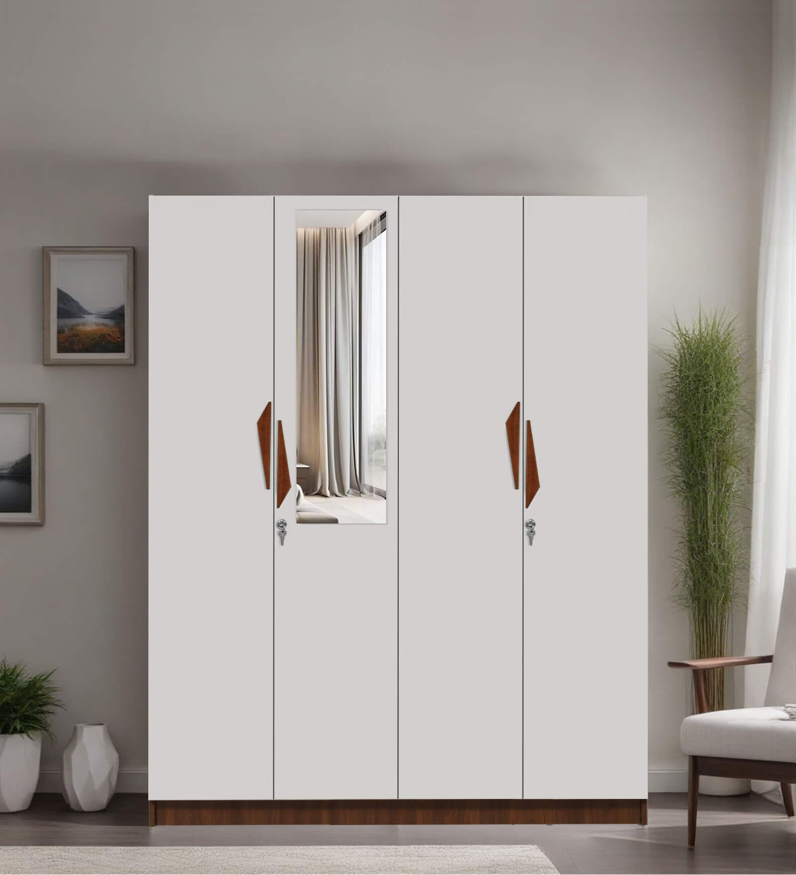 Maya 4 Door Wardrobe With Locker In Teak And White Finish With Mirror & Drawer