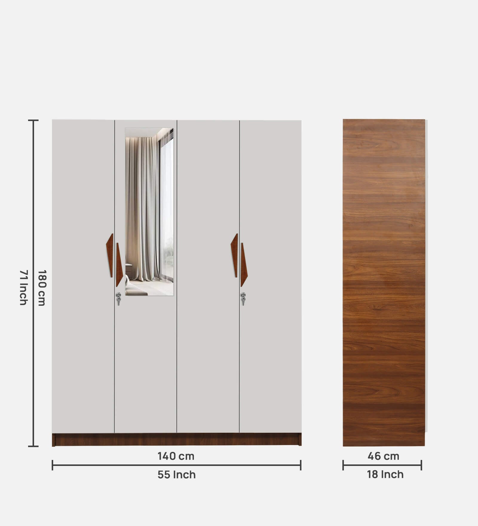 Maya 4 Door Wardrobe With Locker In Teak And White Finish With Mirror & Drawer