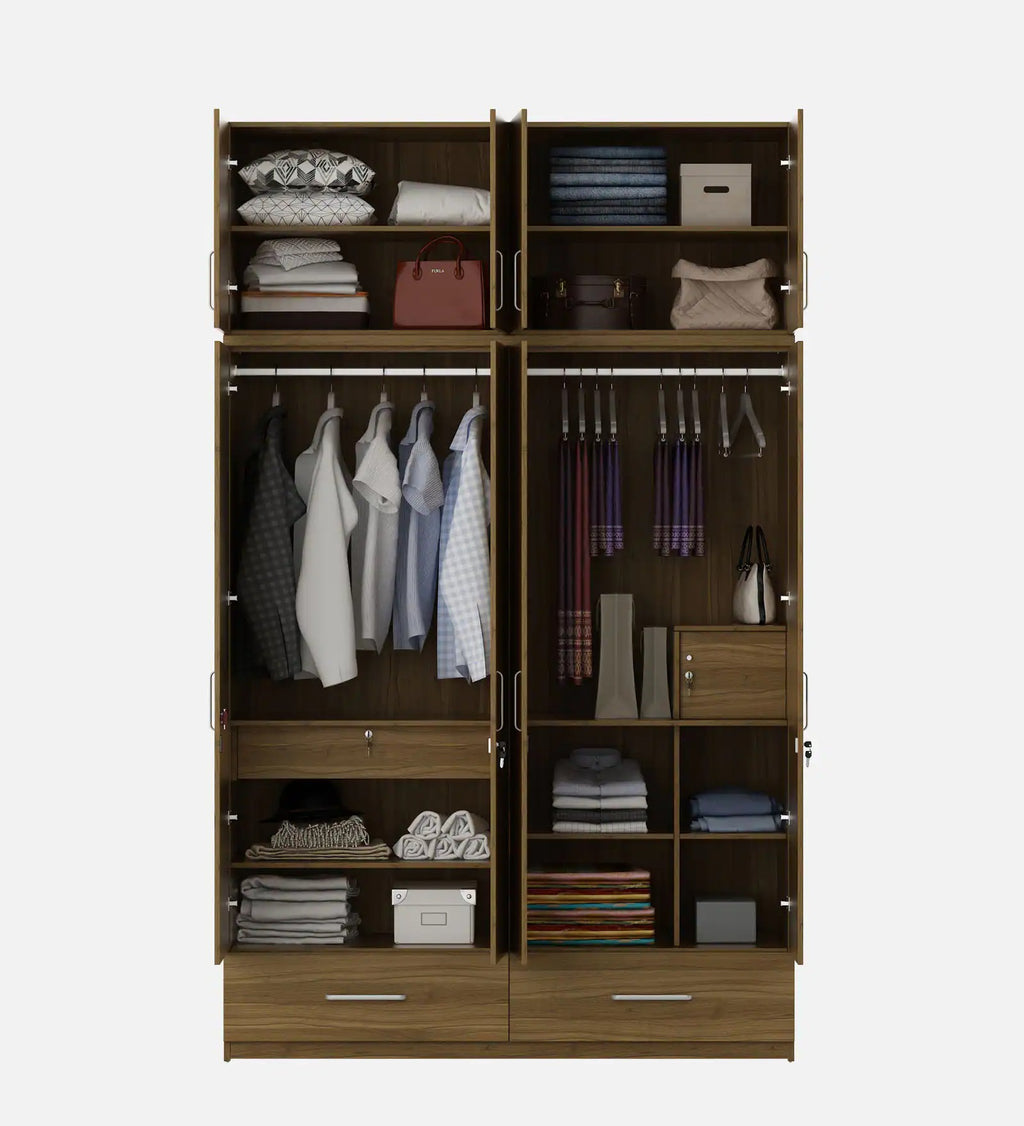 Kosmo Linden Solid Wood 4 Door Wardrobe With Loft In Natural Teak Finish With Locker & Drawer