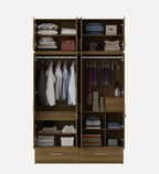 Kosmo Linden Solid Wood 4 Door Wardrobe With Loft In Natural Teak Finish With Locker & Drawer