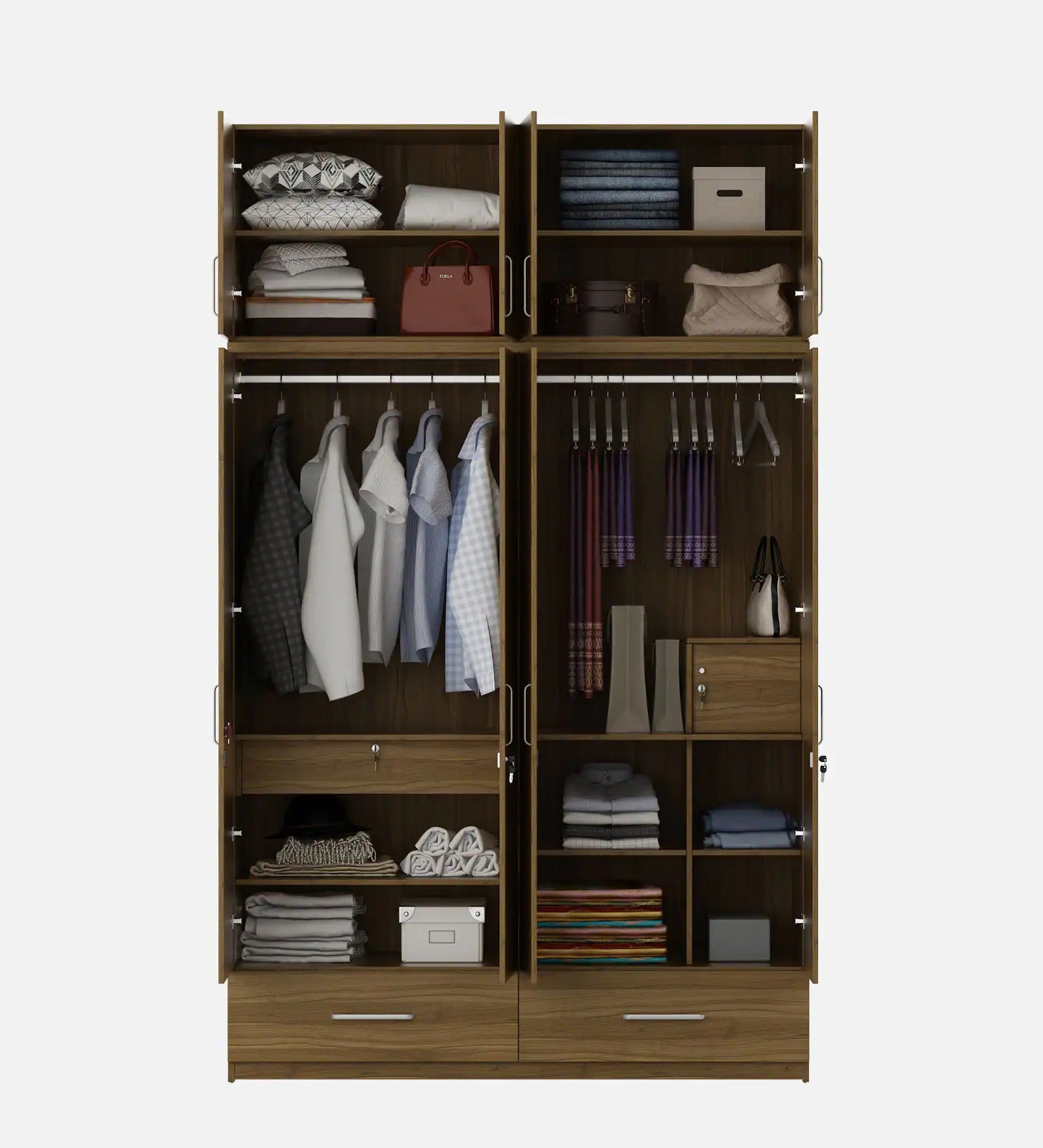 Kosmo Linden Solid Wood 4 Door Wardrobe With Loft In Natural Teak Finish With Locker & Drawer