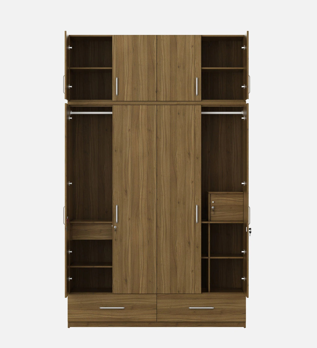 Kosmo Linden Solid Wood 4 Door Wardrobe With Loft In Natural Teak Finish With Locker & Drawer