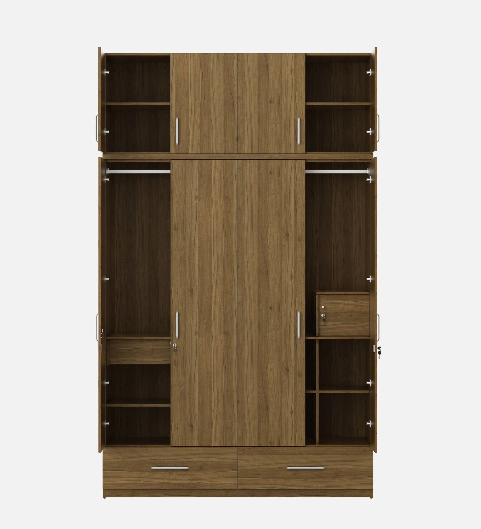 Kosmo Linden Solid Wood 4 Door Wardrobe With Loft In Natural Teak Finish With Locker & Drawer