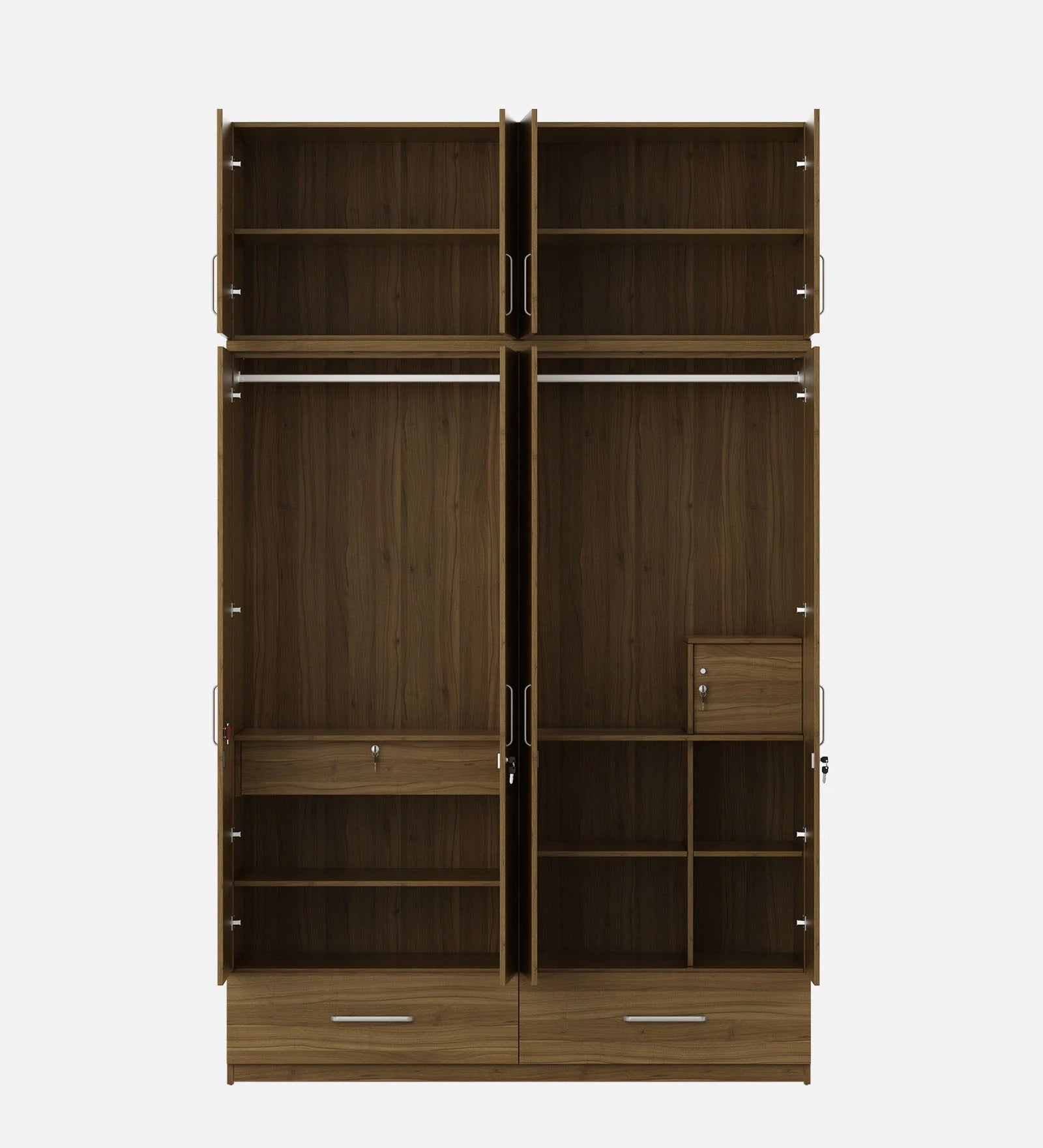 Kosmo Linden Solid Wood 4 Door Wardrobe With Loft In Natural Teak Finish With Locker & Drawer