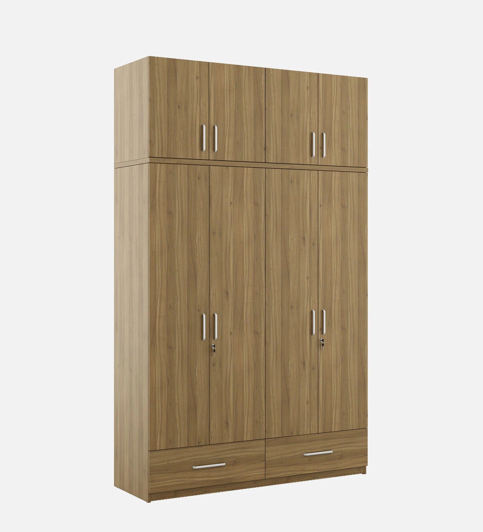 Kosmo Linden Solid Wood 4 Door Wardrobe With Loft In Natural Teak Finish With Locker & Drawer