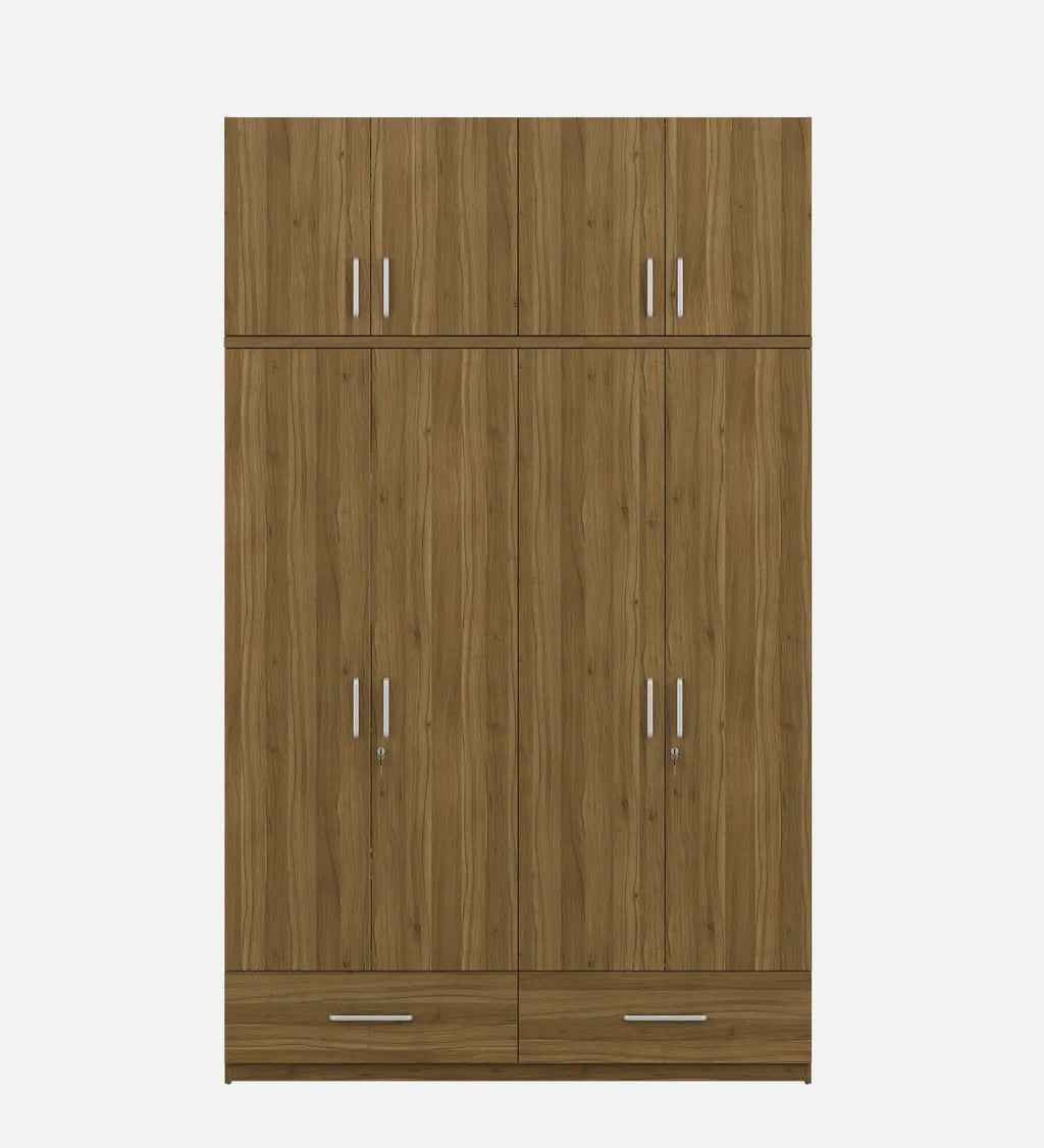 Kosmo Linden Solid Wood 4 Door Wardrobe With Loft In Natural Teak Finish With Locker & Drawer