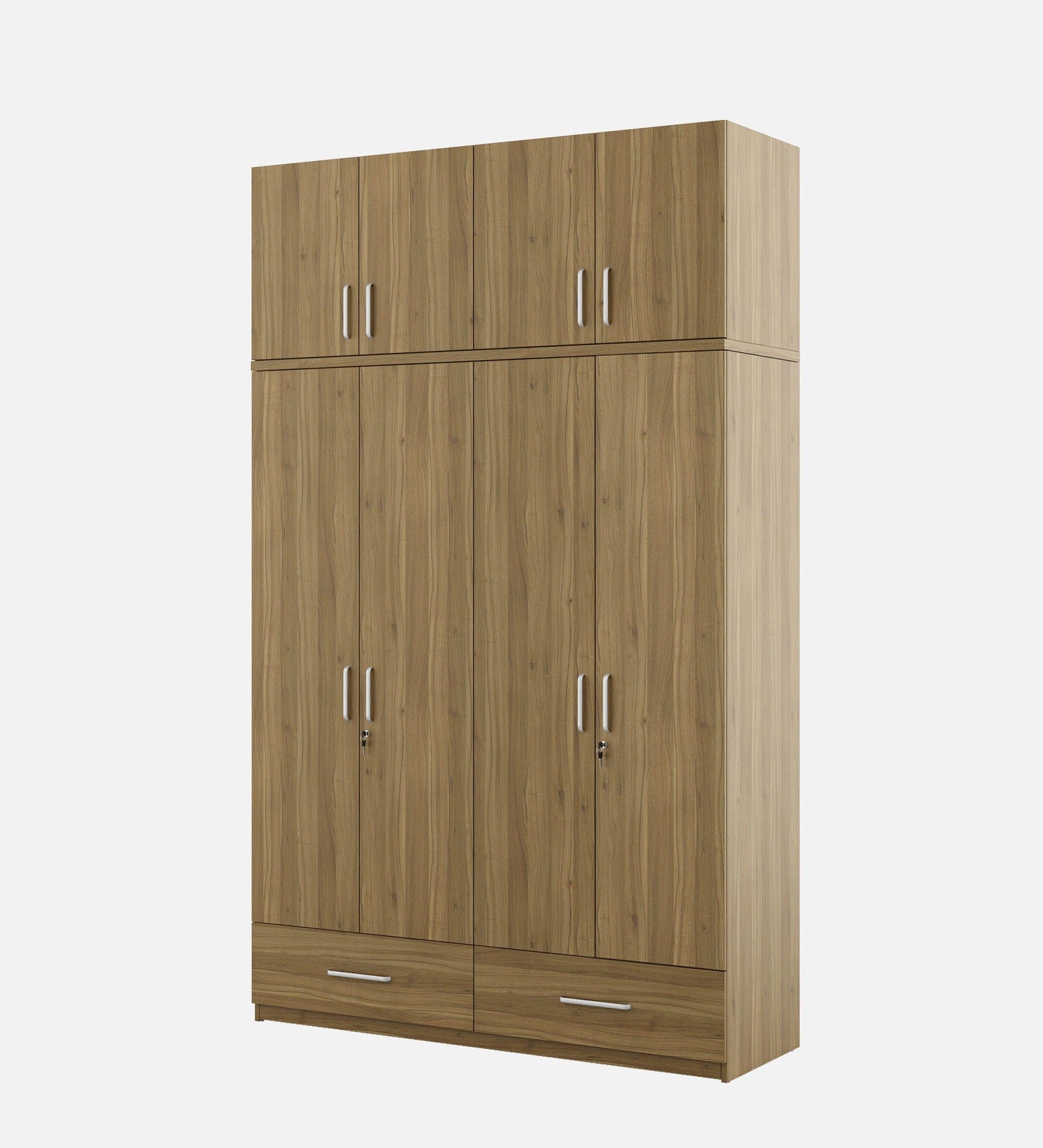 Kosmo Linden Solid Wood 4 Door Wardrobe With Loft In Natural Teak Finish With Locker & Drawer