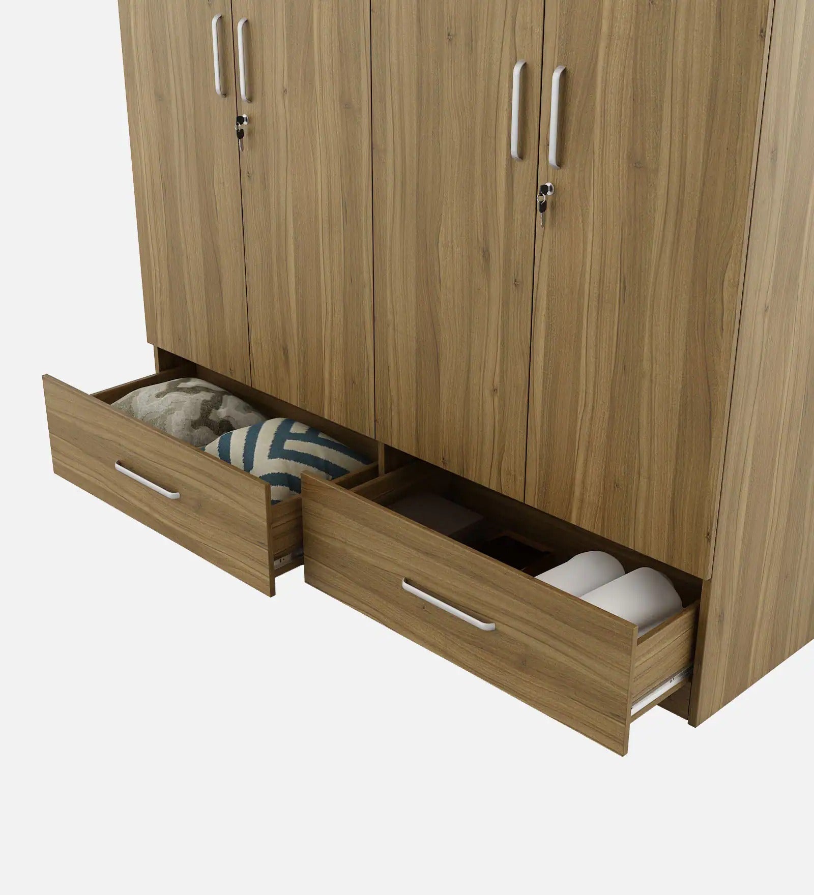 Kosmo Linden Solid Wood 4 Door Wardrobe With Loft In Natural Teak Finish With Locker & Drawer