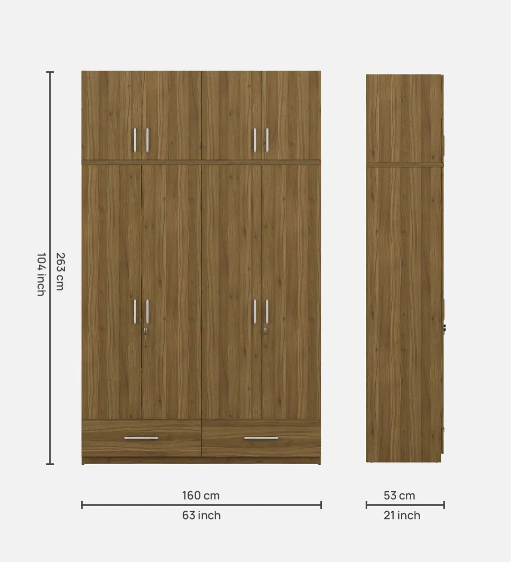 Kosmo Linden Solid Wood 4 Door Wardrobe With Loft In Natural Teak Finish With Locker & Drawer