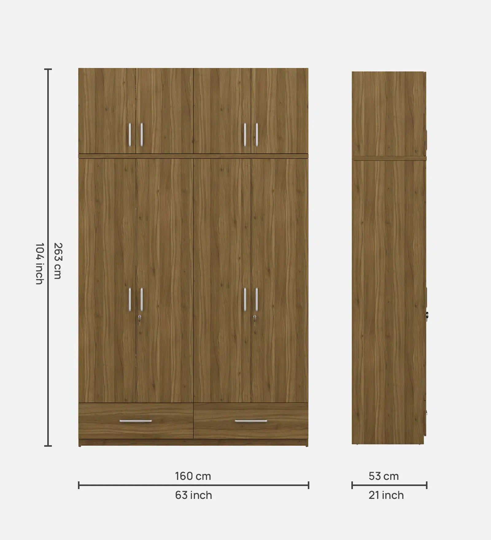 Kosmo Linden Solid Wood 4 Door Wardrobe With Loft In Natural Teak Finish With Locker & Drawer