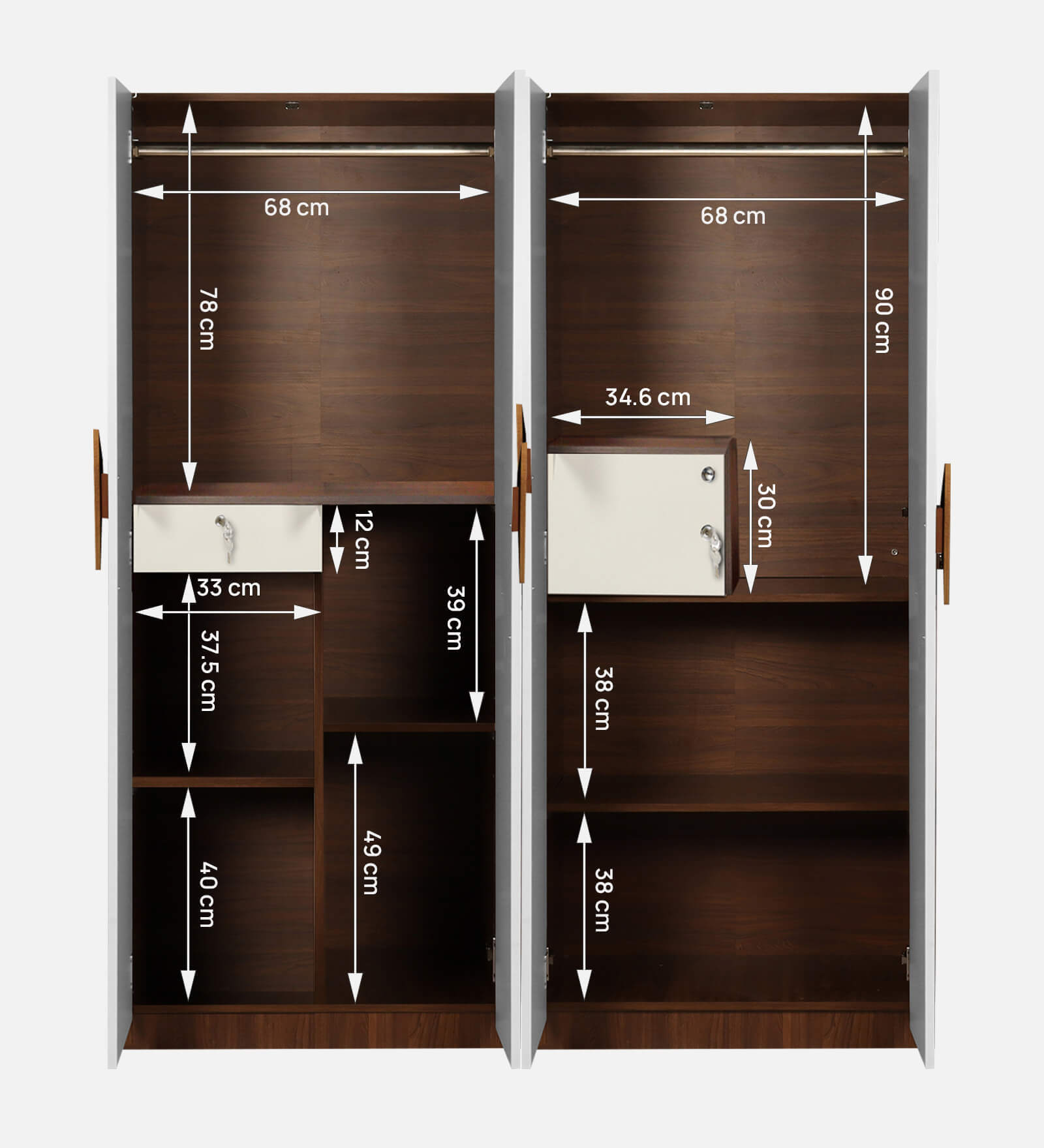 Maya 4 Door Wardrobe With Locker In Teak And White Finish With Mirror & Drawer