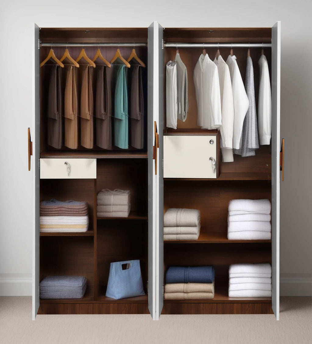 Maya 4 Door Wardrobe With Locker In Teak And White Finish With Mirror & Drawer