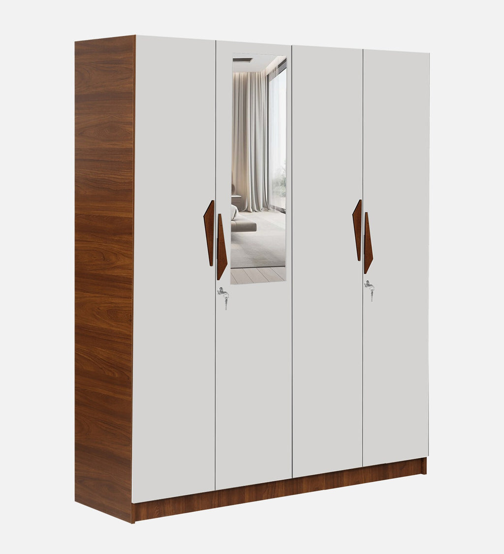 Maya 4 Door Wardrobe With Locker In Teak And White Finish With Mirror & Drawer