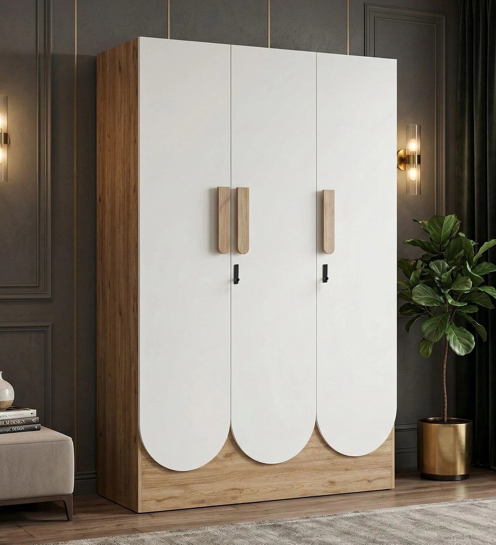 Opera 3 Door Wardrobe With Hidden Storage & Digital Lock In Light Walnut & Frosty White Colour