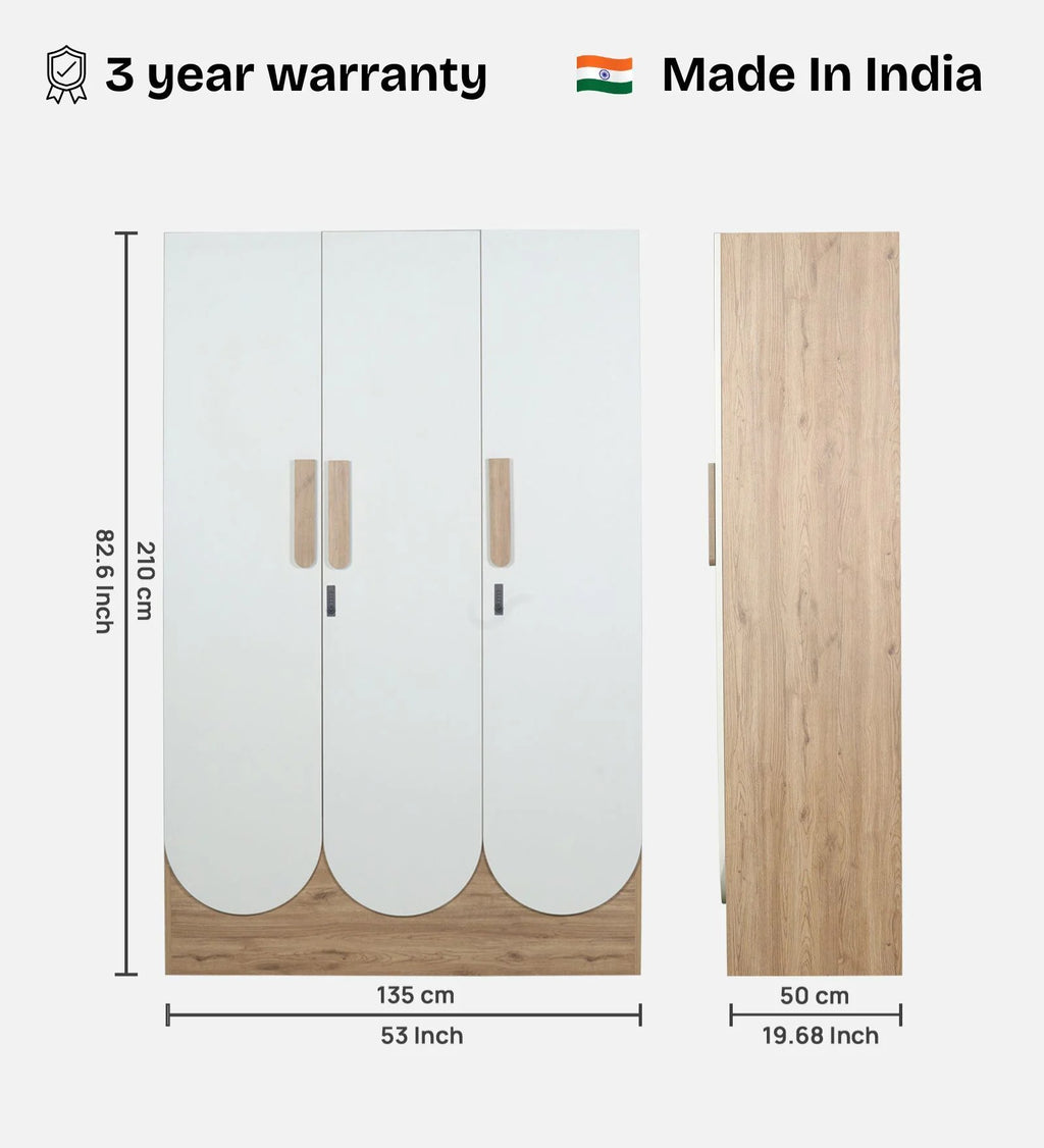 Opera 3 Door Wardrobe With Hidden Storage & Digital Lock In Light Walnut & Frosty White Colour