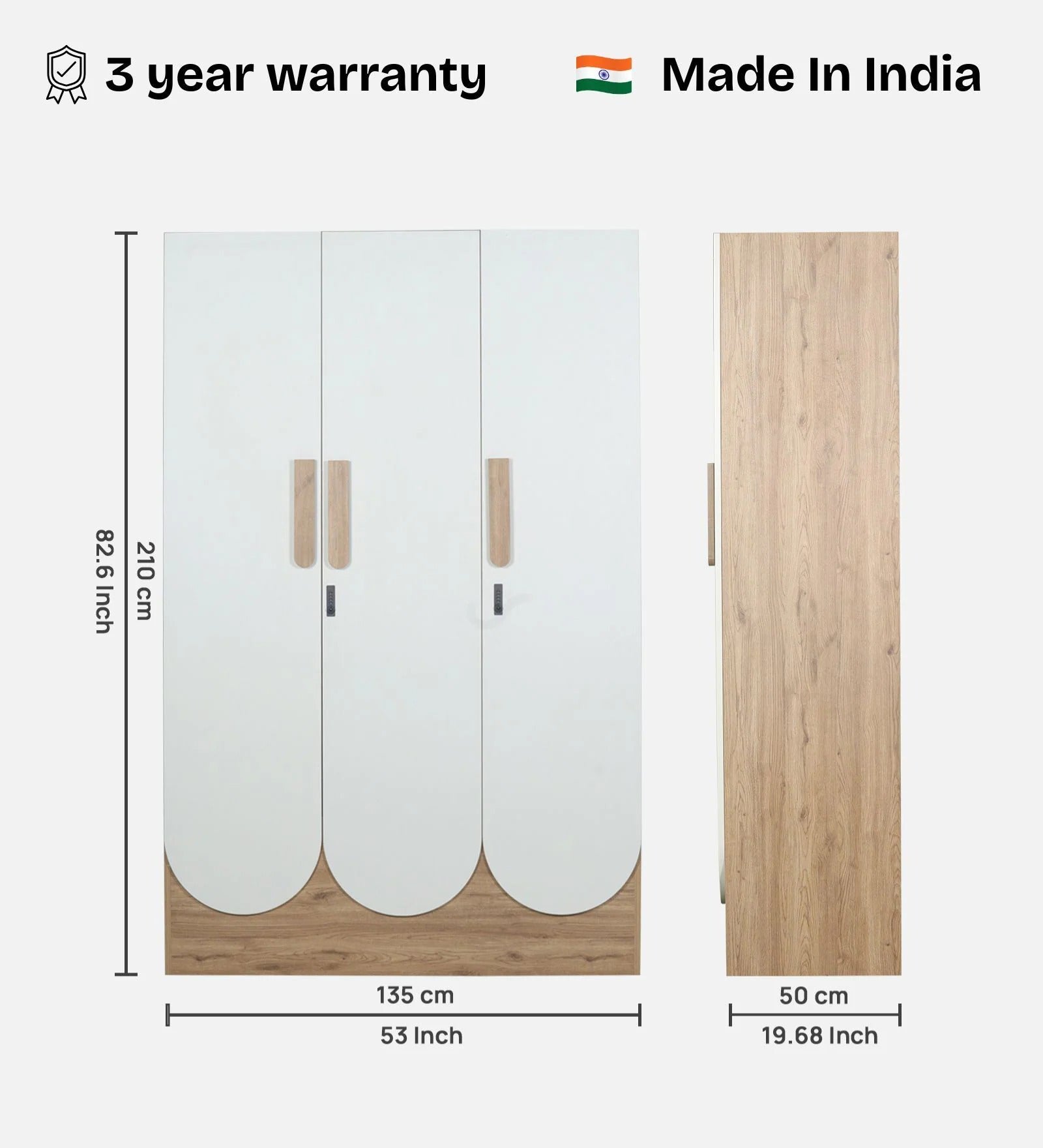 Opera 3 Door Wardrobe With Hidden Storage & Digital Lock In Light Walnut & Frosty White Colour