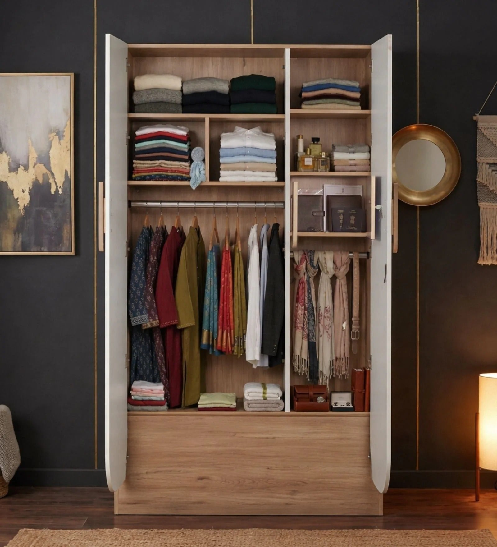 Opera 3 Door Wardrobe With Hidden Storage & Digital Lock In Light Walnut & Frosty White Colour