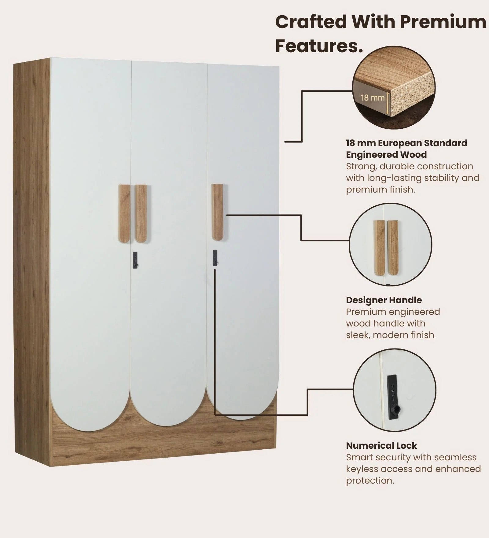 Opera 3 Door Wardrobe With Hidden Storage & Digital Lock In Light Walnut & Frosty White Colour