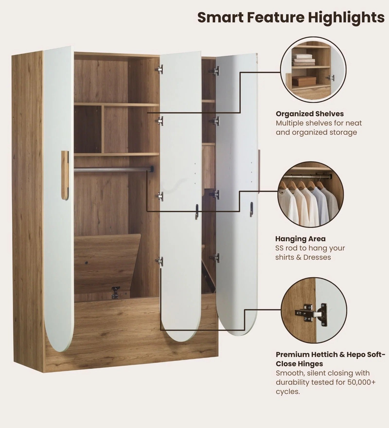 Opera 3 Door Wardrobe With Hidden Storage & Digital Lock In Light Walnut & Frosty White Colour