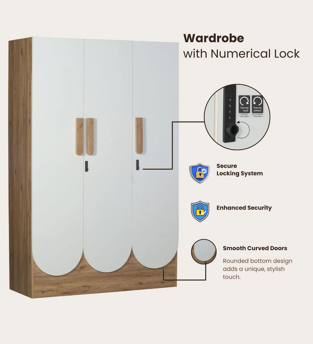Opera 3 Door Wardrobe With Hidden Storage & Digital Lock In Light Walnut & Frosty White Colour